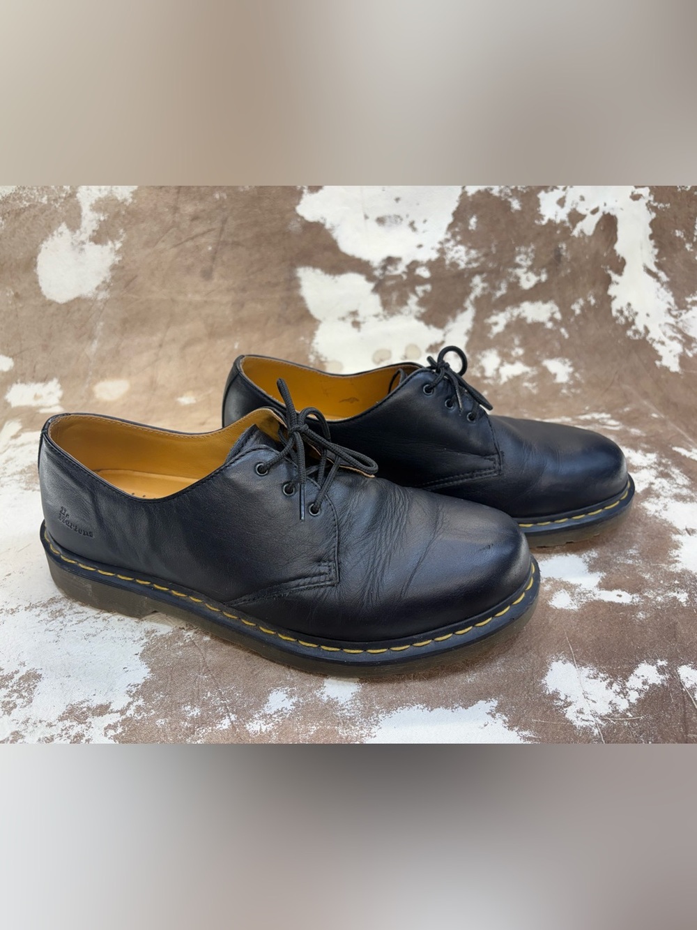 Dr. Martens Black Leather 3-Eye Derby Shoes with Yellow Stitching. US 11 EU 45